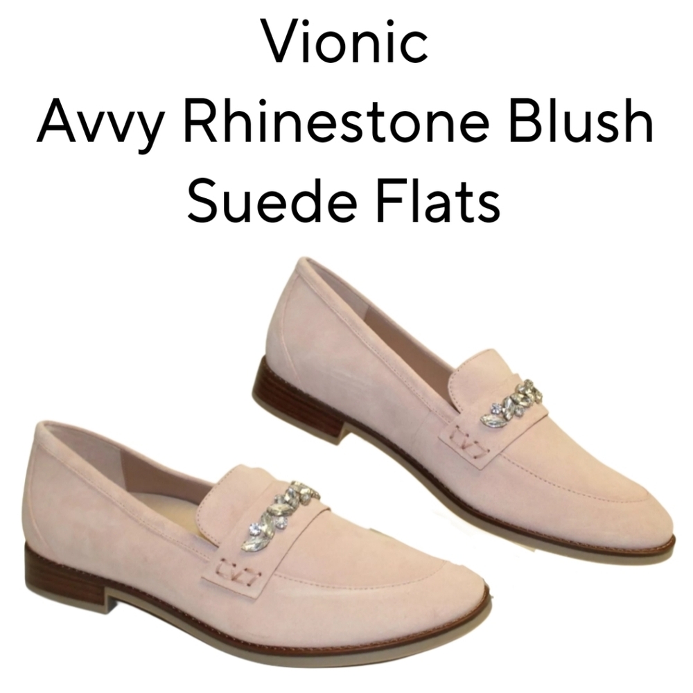 NWOT Vionic Avvy Rhinestone Loafer Women Size 9 41 Blush Suede Flats Shoes